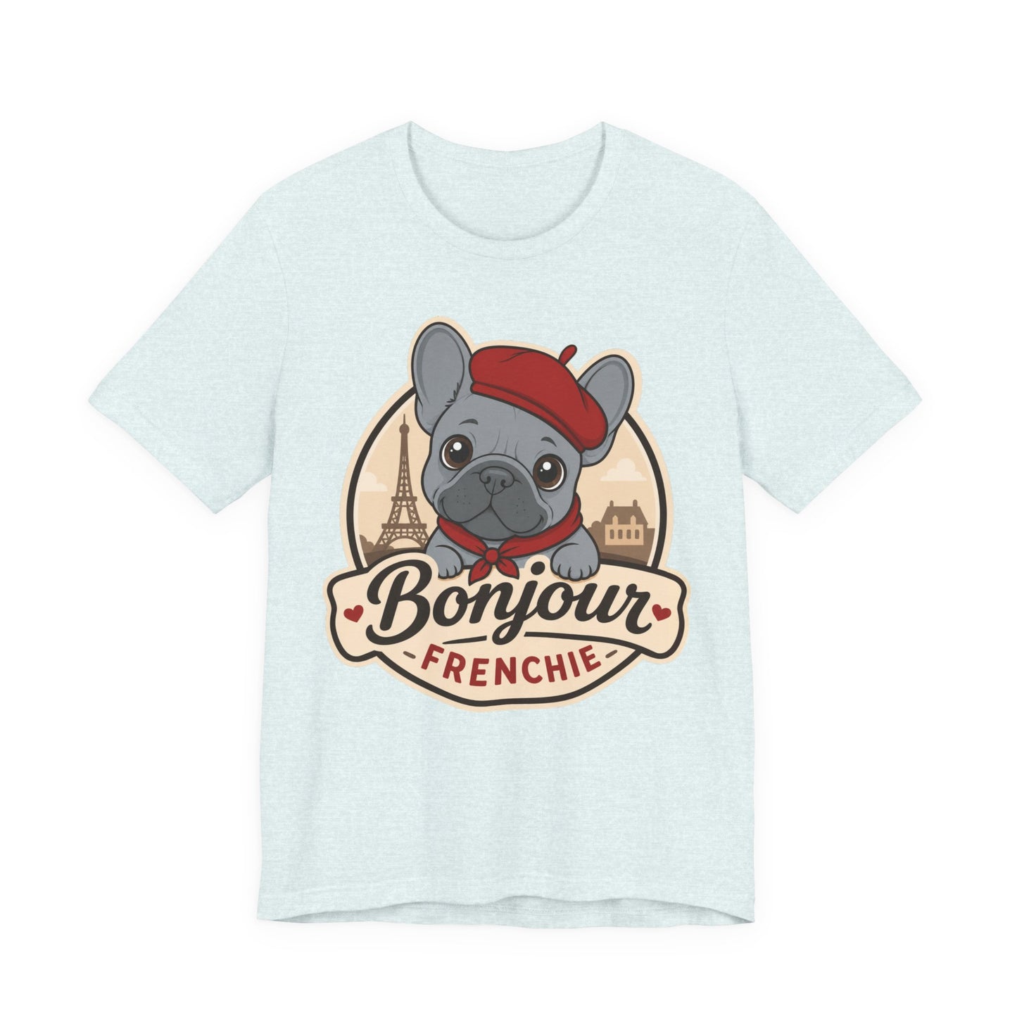 French Bulldog Shirt (Blue), Pup in a Paris Beret, Mom Dad Gift, Bonjour Frenchie