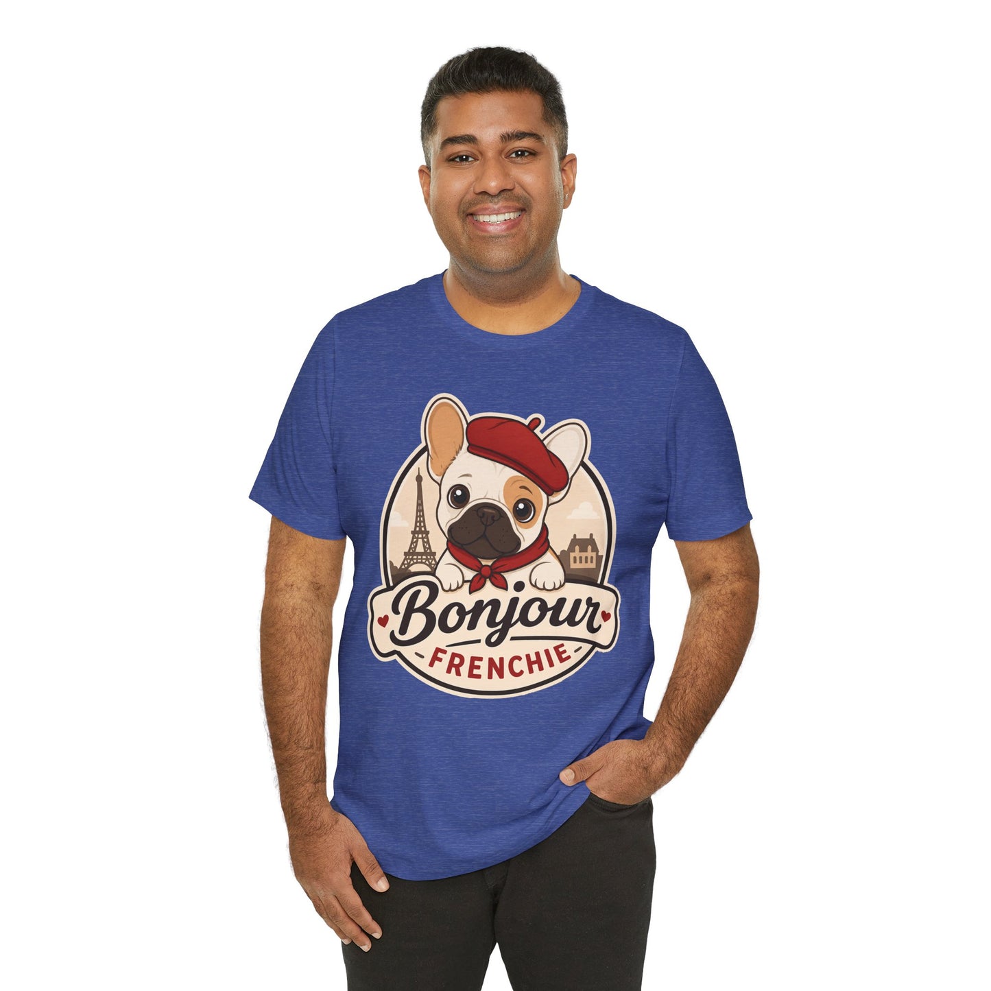 French Bulldog Shirt (Pied), Pup in a Paris Beret, Mom Dad Gift, Bonjour Frenchie