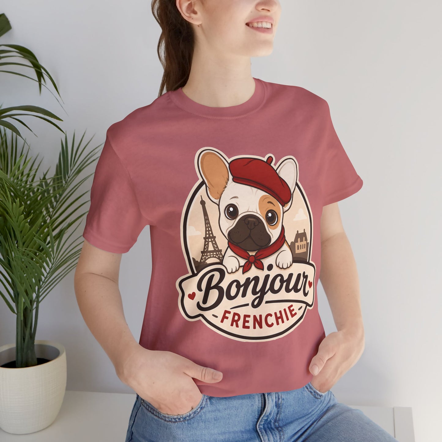 French Bulldog Shirt (Pied), Pup in a Paris Beret, Mom Dad Gift, Bonjour Frenchie