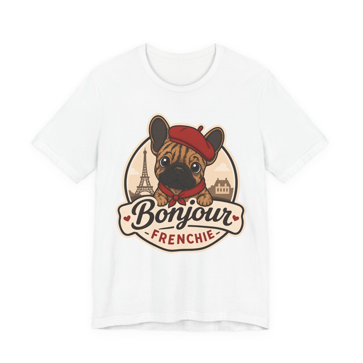 French Bulldog Shirt (Brindle), Pup in a Paris Beret, Mom Dad Gift, Bonjour Frenchie
