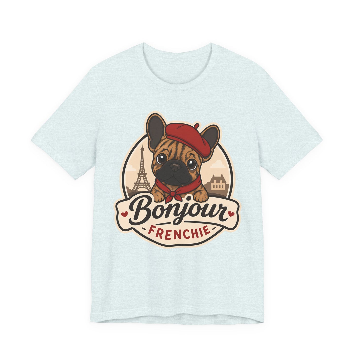 French Bulldog Shirt (Brindle), Pup in a Paris Beret, Mom Dad Gift, Bonjour Frenchie