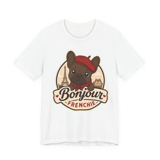 French Bulldog Shirt (Chocolate), Pup in a Paris Beret, Mom Dad Gift, Bonjour Frenchie