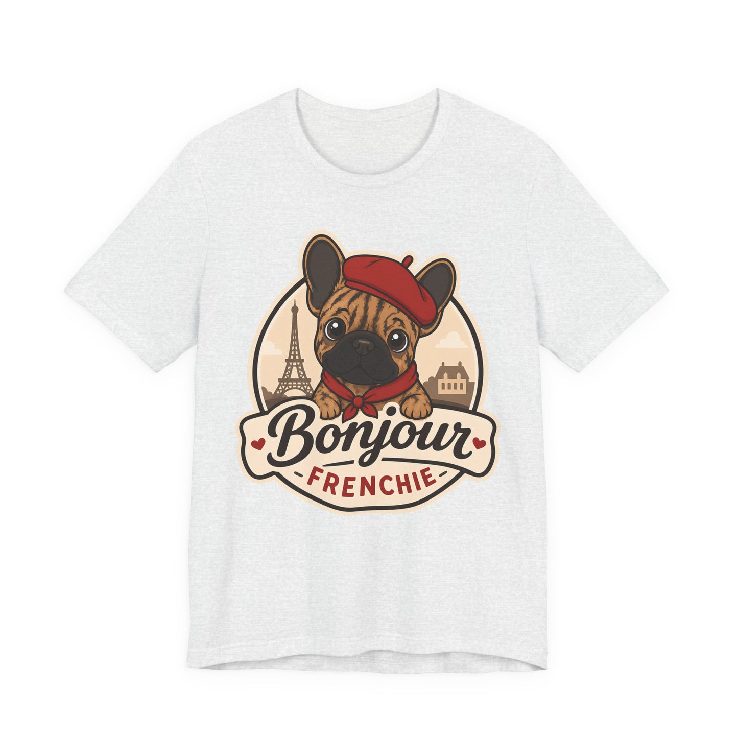 French Bulldog Shirt (Brindle), Pup in a Paris Beret, Mom Dad Gift, Bonjour Frenchie