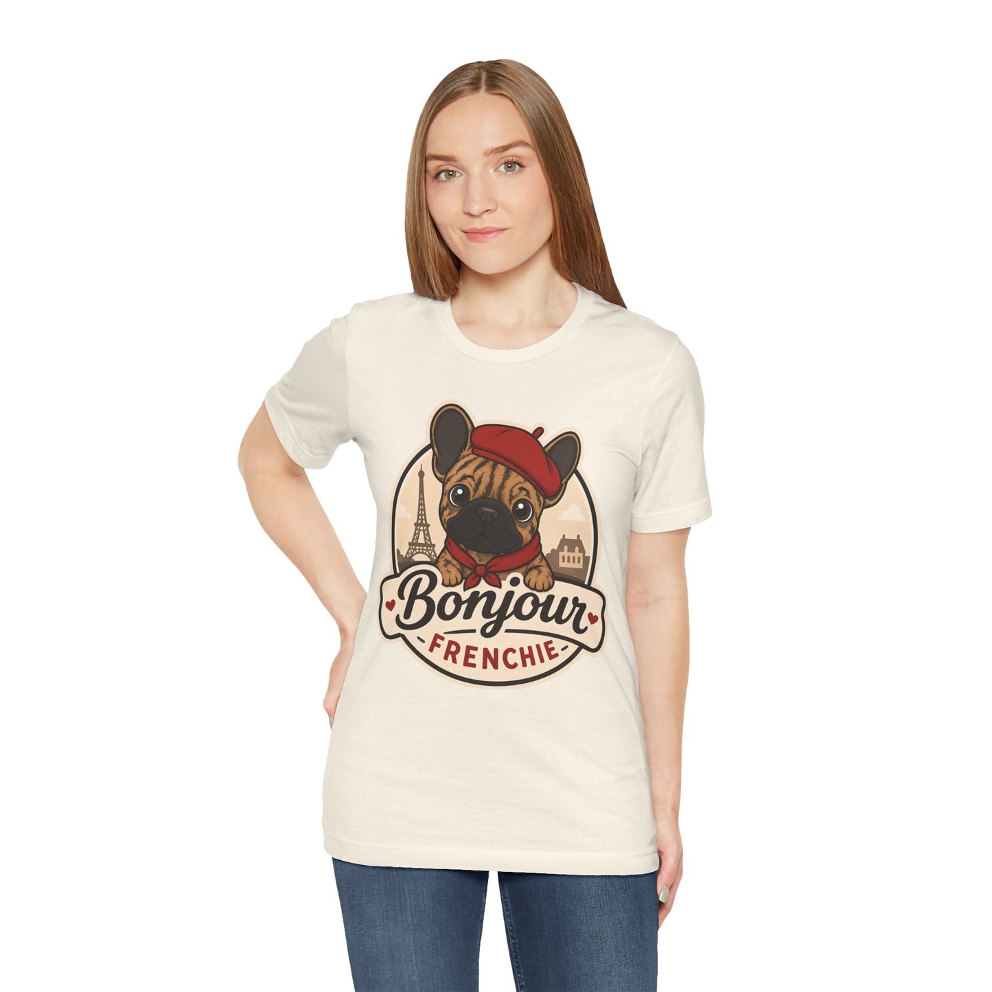 French Bulldog Shirt (Brindle), Pup in a Paris Beret, Mom Dad Gift, Bonjour Frenchie