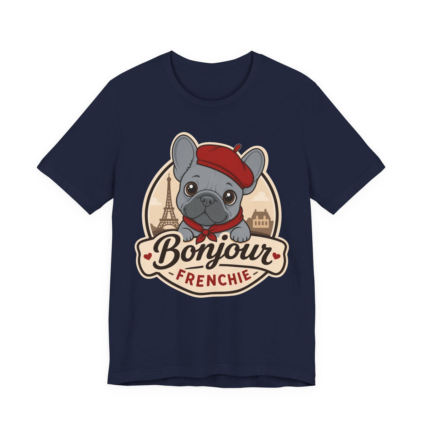 French Bulldog Shirt (Blue), Pup in a Paris Beret, Mom Dad Gift, Bonjour Frenchie