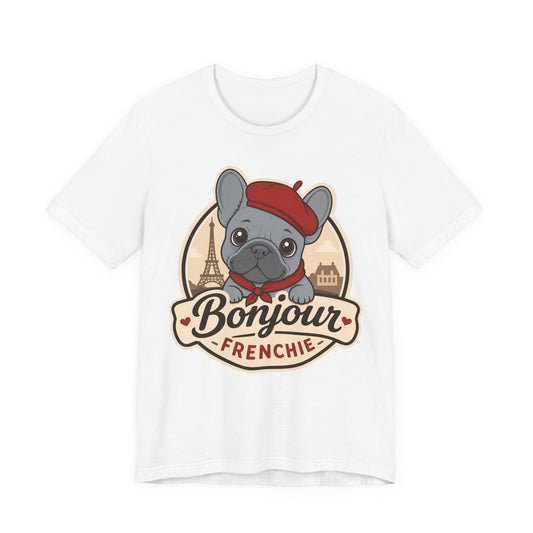 French Bulldog Shirt (Blue), Pup in a Paris Beret, Mom Dad Gift, Bonjour Frenchie