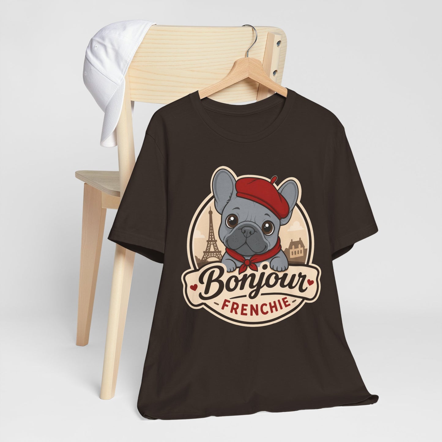 French Bulldog Shirt (Blue), Pup in a Paris Beret, Mom Dad Gift, Bonjour Frenchie