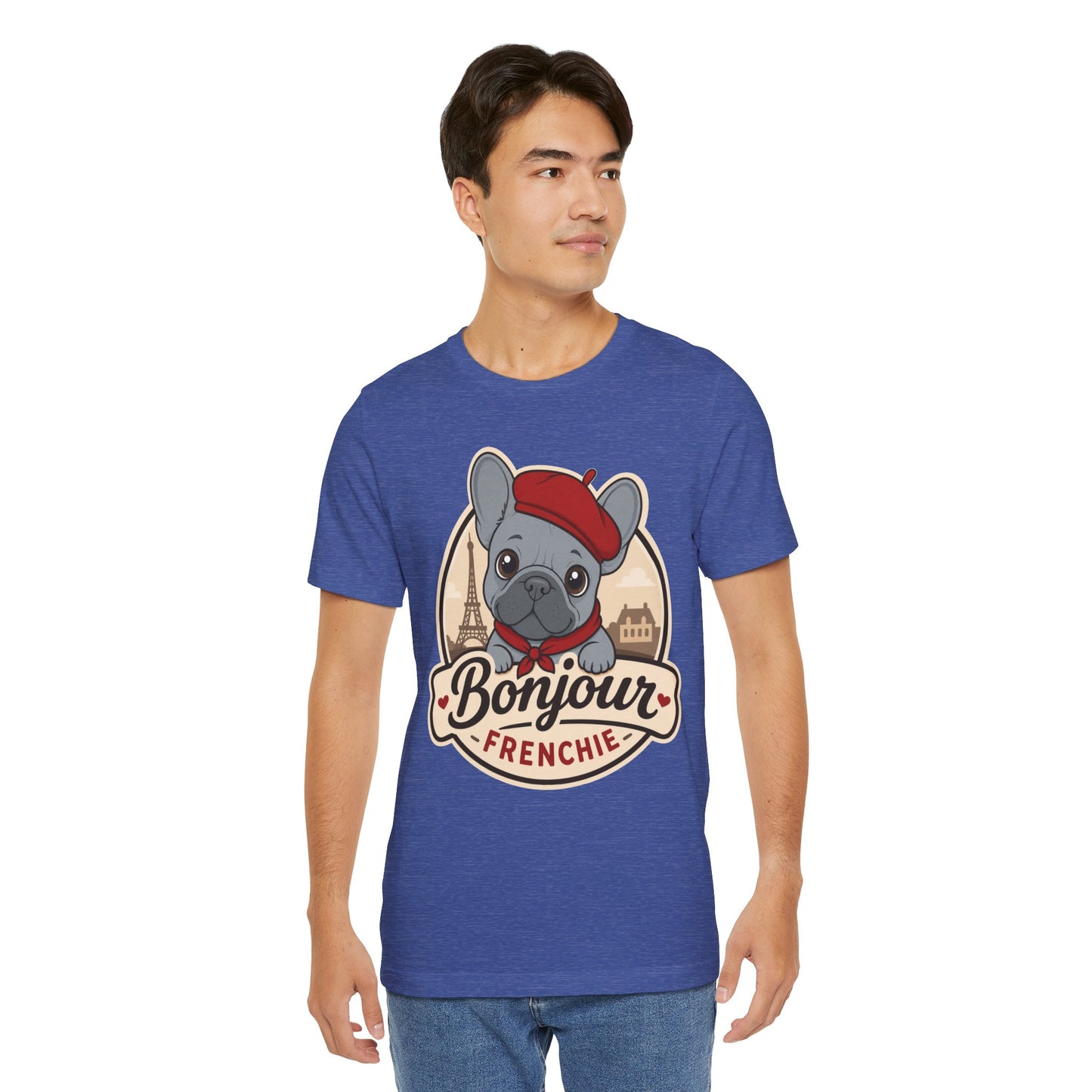 French Bulldog Shirt (Blue), Pup in a Paris Beret, Mom Dad Gift, Bonjour Frenchie