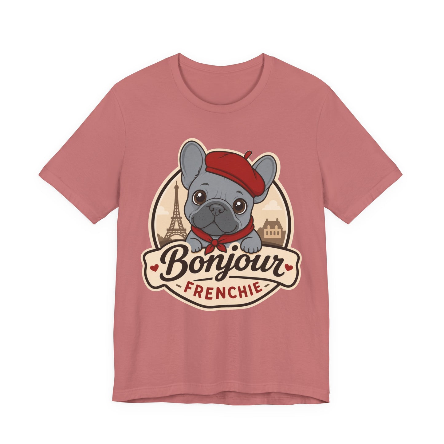 French Bulldog Shirt (Blue), Pup in a Paris Beret, Mom Dad Gift, Bonjour Frenchie
