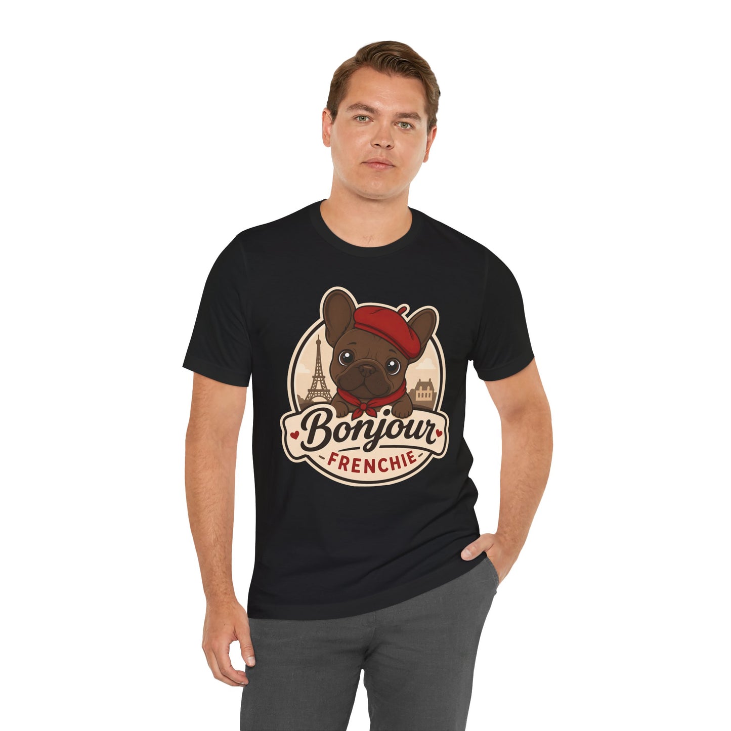 French Bulldog Shirt (Chocolate), Pup in a Paris Beret, Mom Dad Gift, Bonjour Frenchie