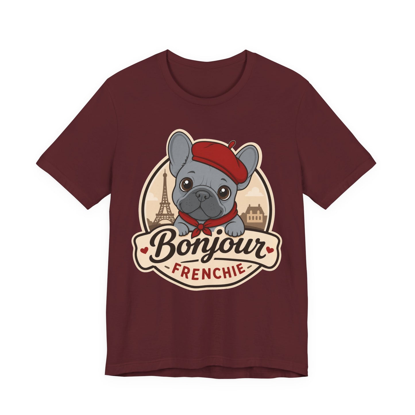 French Bulldog Shirt (Blue), Pup in a Paris Beret, Mom Dad Gift, Bonjour Frenchie