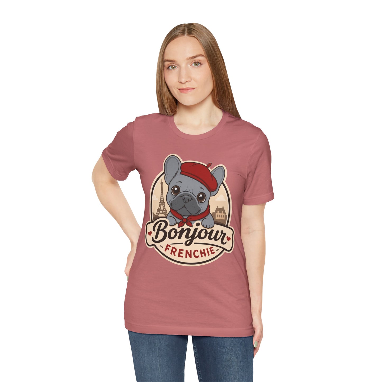 French Bulldog Shirt (Blue), Pup in a Paris Beret, Mom Dad Gift, Bonjour Frenchie