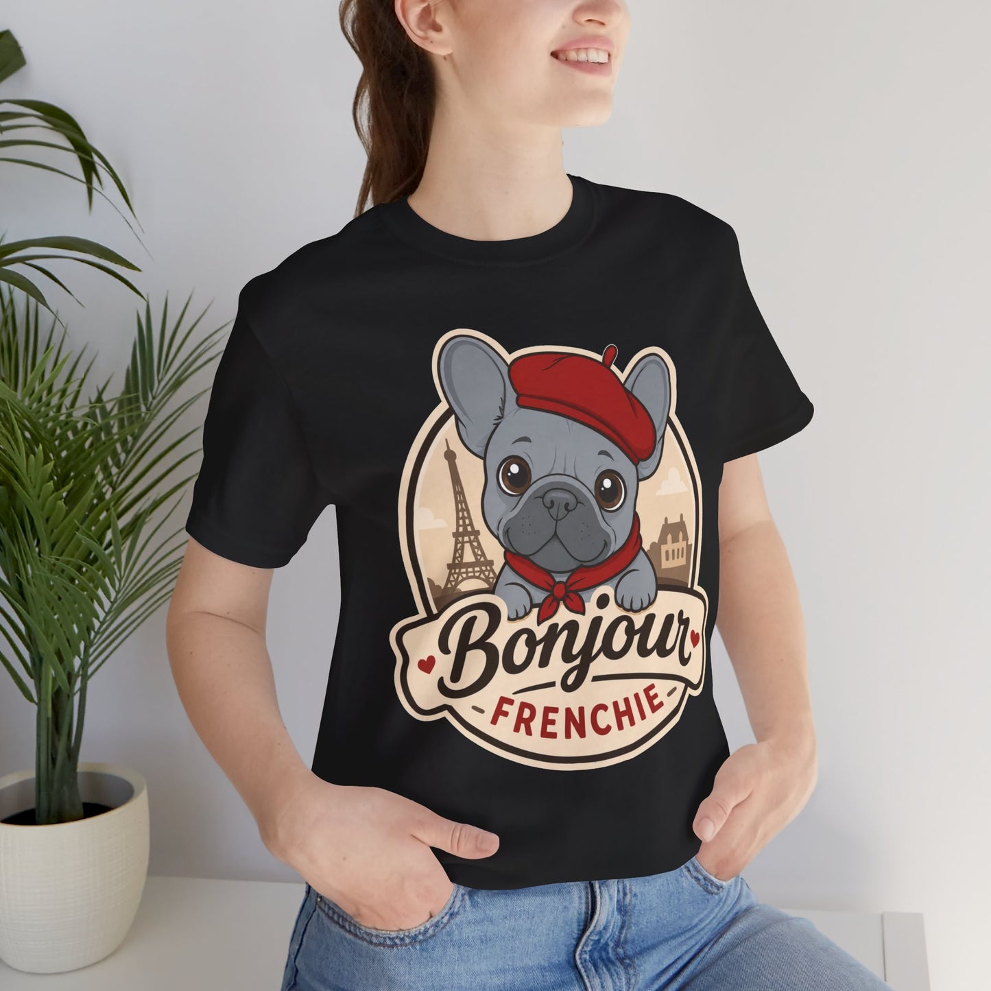 French Bulldog Shirt (Blue), Pup in a Paris Beret, Mom Dad Gift, Bonjour Frenchie